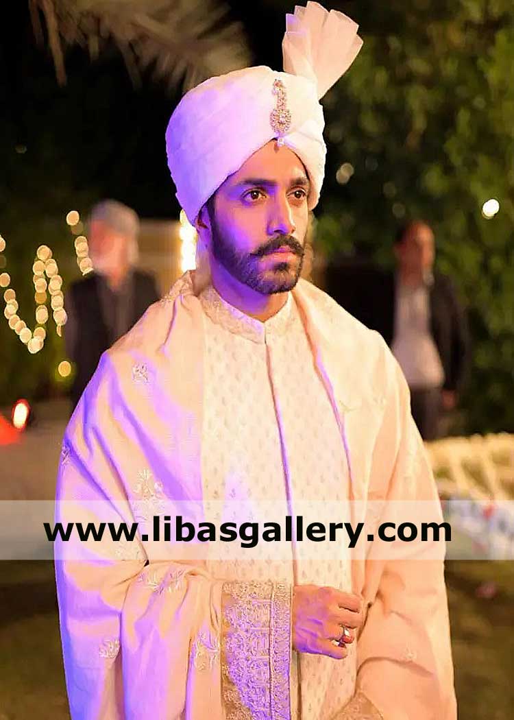 Wahaj Ali wearing White Bespoke Designer Brand Wedding Nikah Turban with shamla decorated with Jewelry Piece Brooch Dubai Malaysia Australia