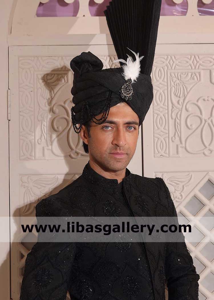Aimal khan Black Kulla with Jewelry Piece for Men Wedding Event Nikah Barat made on embroidered black fabric with beads strings and Fur Perth Sydney Hobart Australia