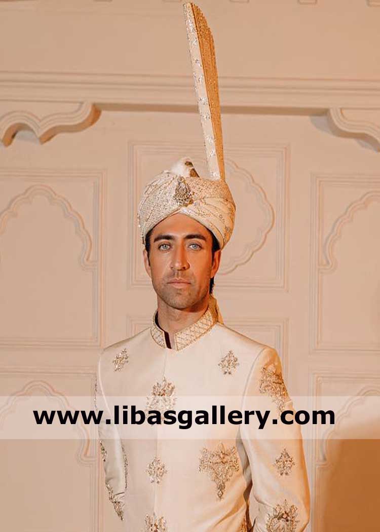 Amazing Jamawar Groom Wedding Kulla with Jewelry Pc for Marriage Event Nikah Barat Tall Fan Men Kulla