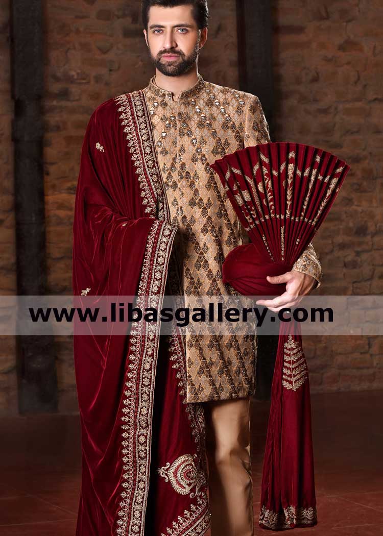 Latest Red Velvet Embroidered Kulla for Men Wedding Event Nikah Barat Embroidery on Fan and Tail Area to march with Sherwani Toronto Alberta Vancover Canada