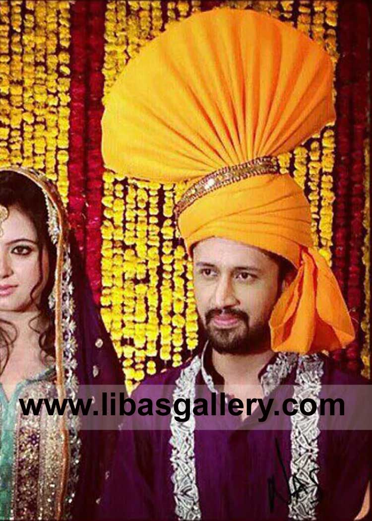 Atif Aslam Wearing Yellow Traditional Turban with purple kurta white pajama for Mehndi Wedding Event Punjabi style with Sara Bharwana UK USA Canada Australia Dubai