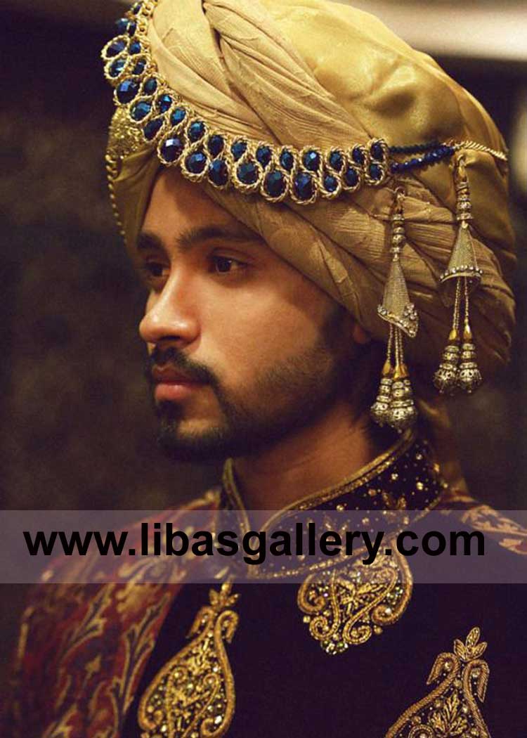 Gold Royal Men Wedding Turban decorated with Tassels like Sultan of Arab and Turkey Fast delivery worldwide order online Cardiff Manchester Stoke-on-Trent UK