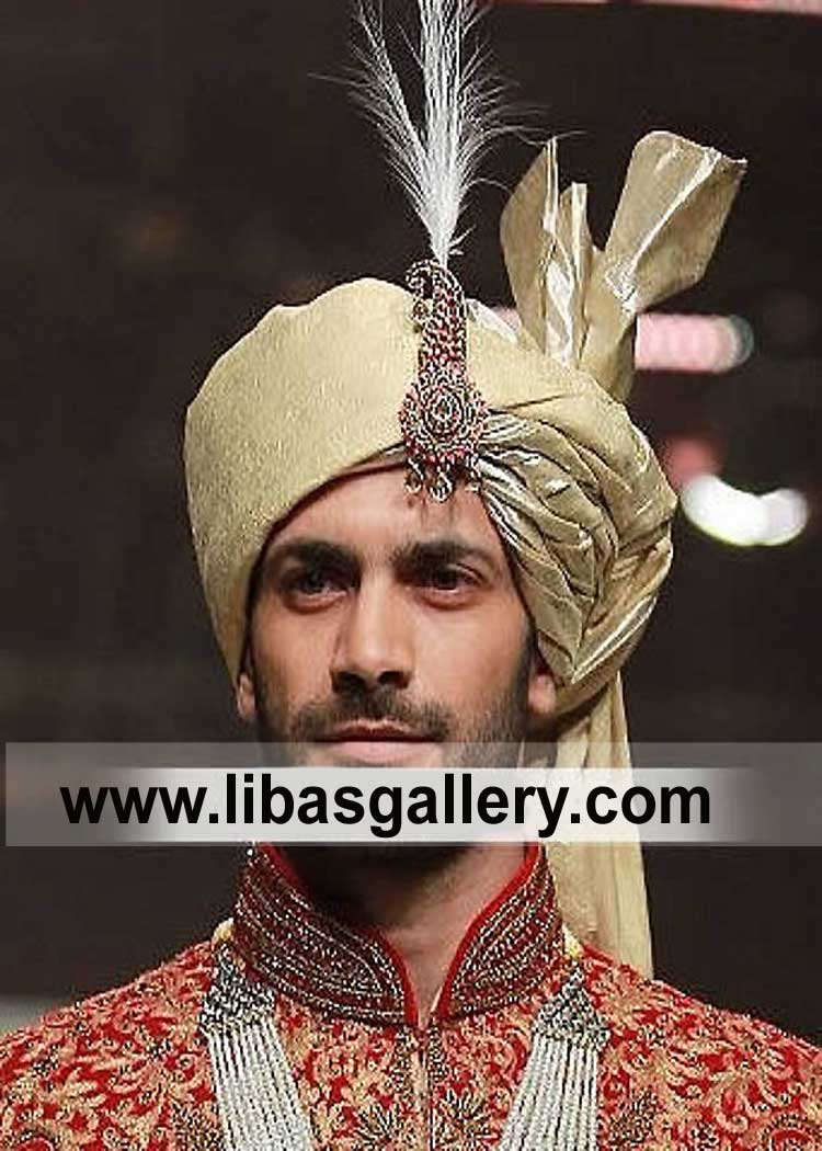 Urban Elegance Grooms Nikah Turbans Inspired by Pakistani Community Culture in Gold with Beautiful Jewelry pc Coventry Sunderland Birkenhead UK