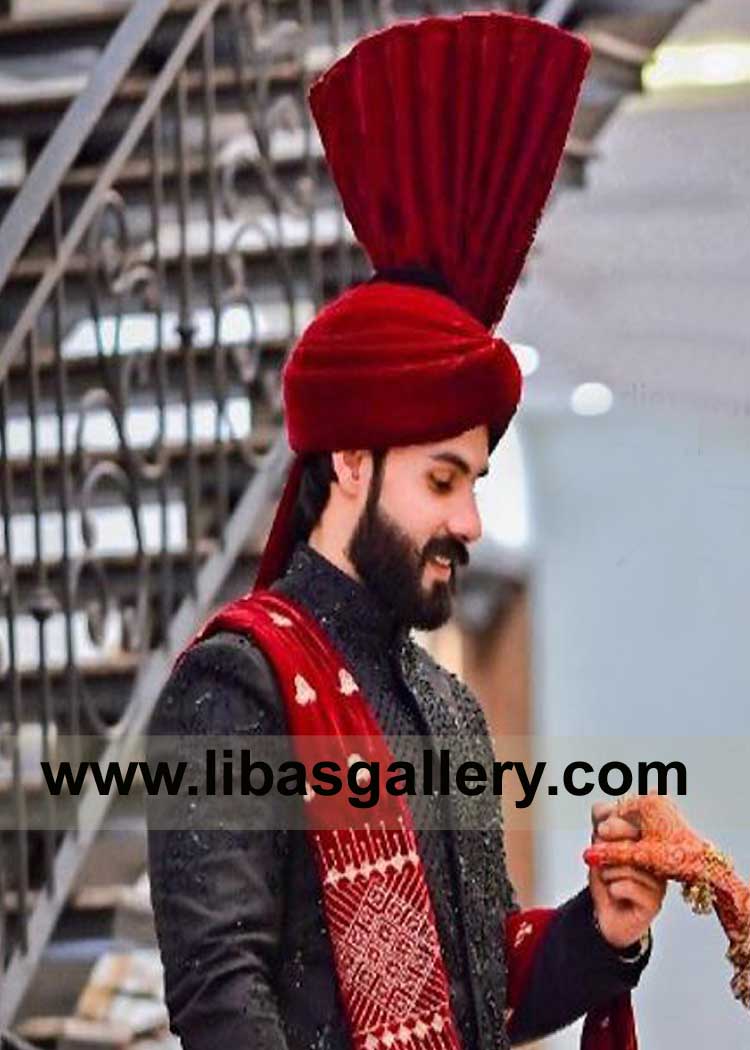 Elegant Charming Maroon Kulla with long Tail for Nikah Barat Happy Groom Young and energetic fast delivery Kulla UK USA Canada Australia Dubai