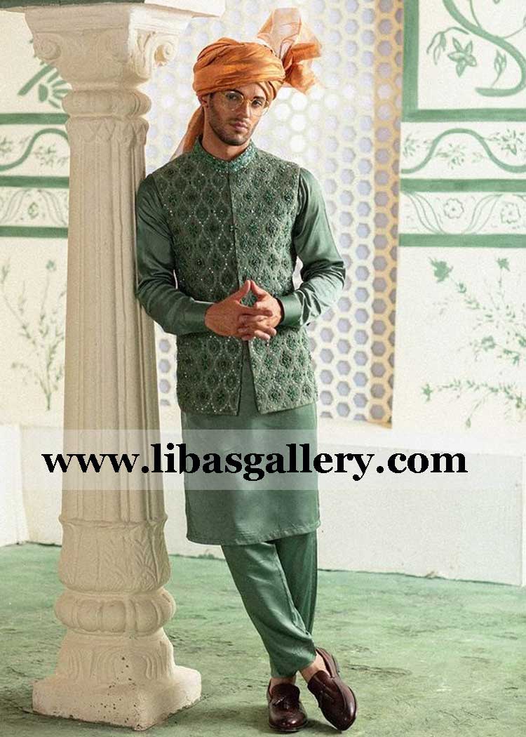 beautiful olive green hand embroidered motifs groom waist coat for wedding event custom made vest for gents nikah barat day qatar kuwait saudi arabia