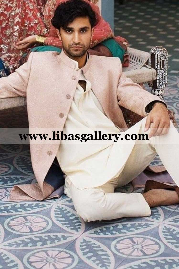 ahaz raza mir pink karandi prince coat high quality for gents engagement and occasions paired with off white kurta pajama sugarland texas houston usa