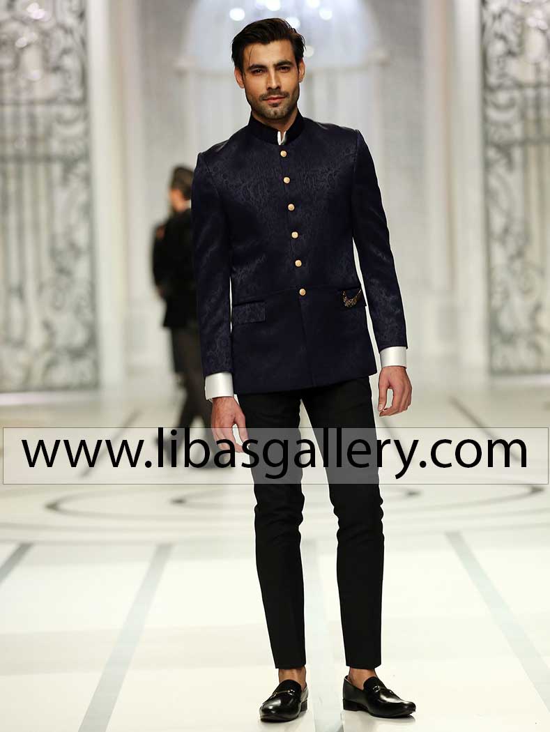 mens prince coat in jamawar fabric dark shade purple blue paired with black suiting fabric pants california new york chicago usa