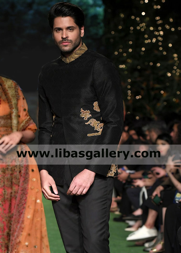 Black stylish jamawar groom prince coat suit for occasion nikah barat event paired with matching pants and antique embellished collar uk dubai usa