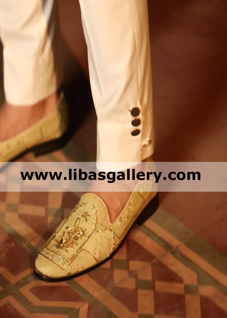 Groom Gold hand Embellished Wedding Shoes for Nikah Barat day matching to sherwani fabric and work UK USA Canada Australia Dubai Groom Gold hand Embellished Wedding Shoes for Nikah Barat day matching to sherwani fabric and work UK USA Canada Australia Dubai