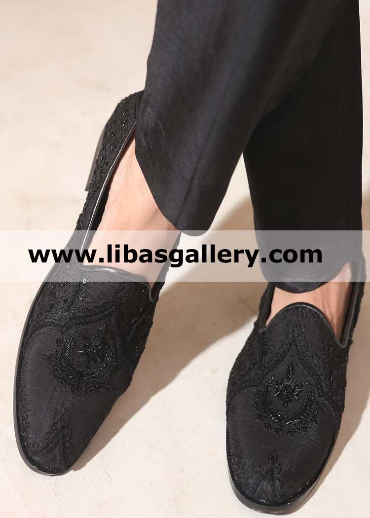 Black hand Embellished Men Wedding Shoes for Nikah and barat Moments made by kora dabka beads hand work London Chicago Perth Dubai Toronto Black hand Embellished Men Wedding Shoes for Nikah and barat Moments made by kora dabka beads hand work London Chicago Perth Dubai Toronto
