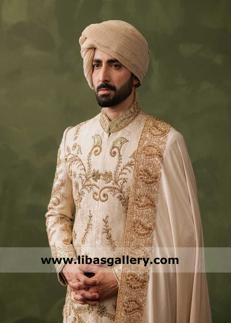 Groom wedding turban in champagne gold color for nikah on Danish Taimoor to compliment dulha sherwani  New York Charlotte Fort Worth Texas USA