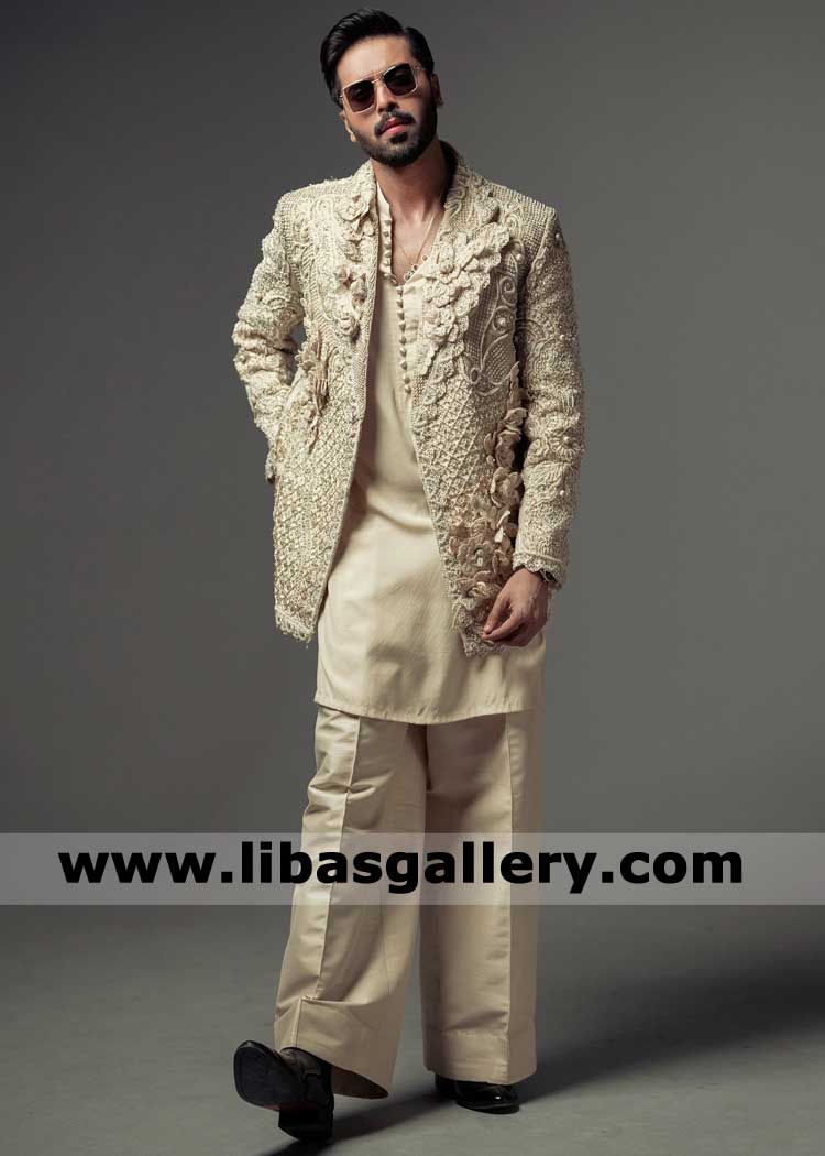 Heavy Embroidered Open Style Prince Coat for Occasion and festival paired with Farshi shalwar and kurta matching UK USA Canada Dubai Australia