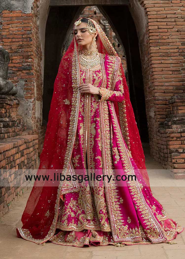 Pakistani hot pink bridal Orlando USA with Farshi Gharara and Dupatta Pakistani hot pink bridal Orlando USA with Farshi Gharara and Dupatta