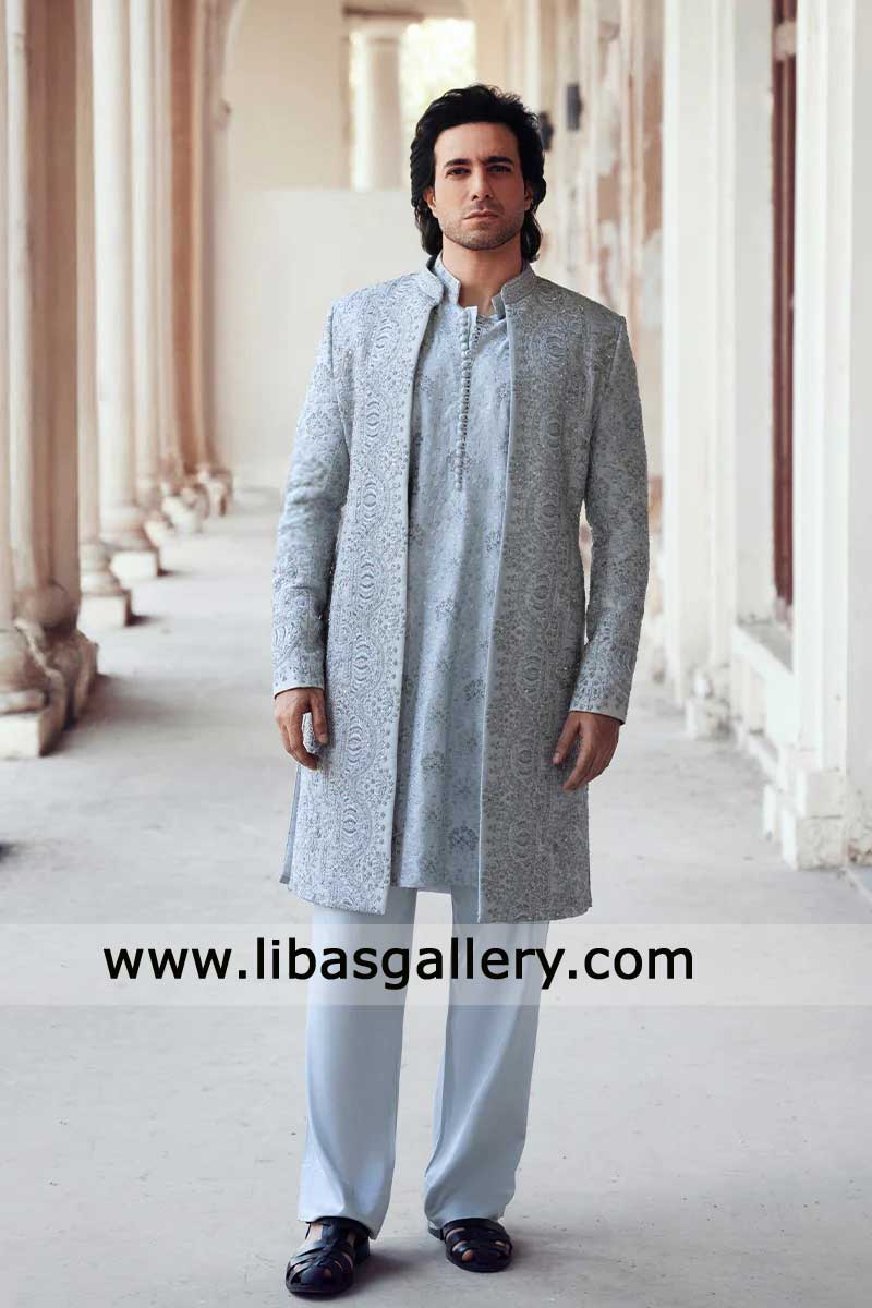 Groom open style ice blue floral embroidered sherwani with cut dana Resham and adda work Brisbane Dubai Sugarland Mississauga Glasgow