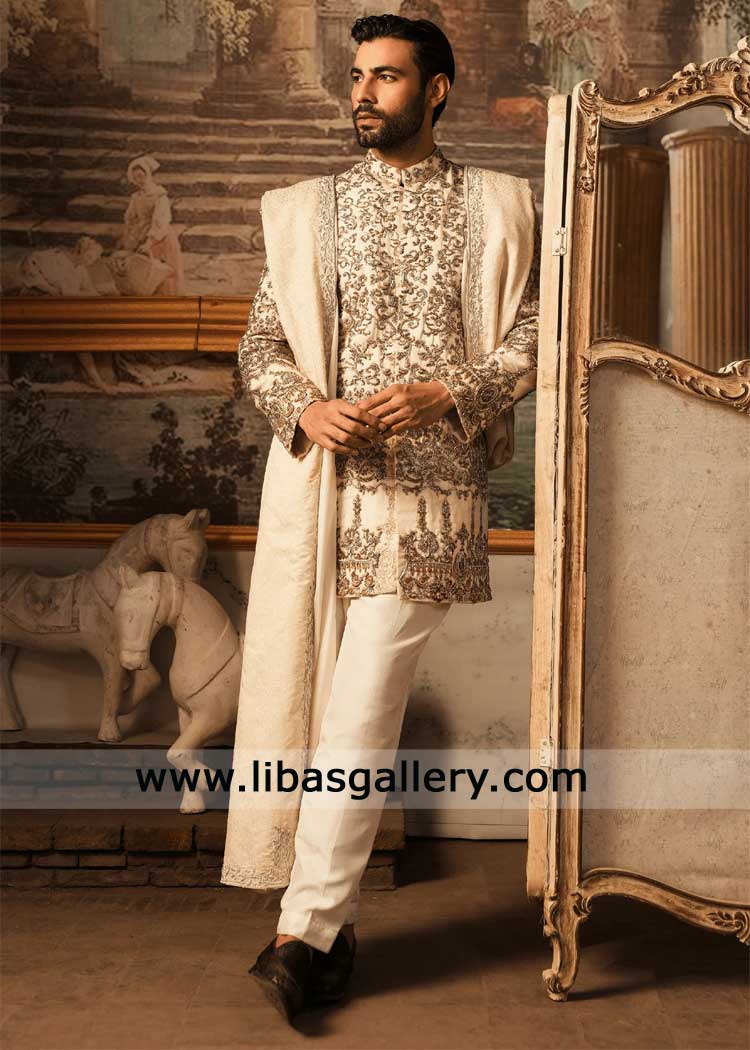 Ivory Short hand embellished wedding sherwani-with Antique work- Wedding jacket Ivory Short hand embellished wedding sherwani-with Antique work- Wedding jacket