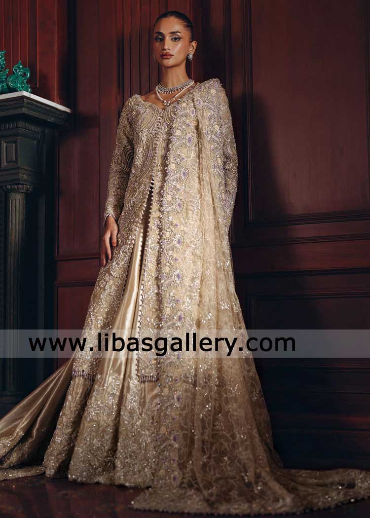 Pakistani Bridal Dress 2026 Ivory Gown with Lehenga and dupatta hand embellished kora dabka for Nikah Walima UK USA Canada Dubai Australia