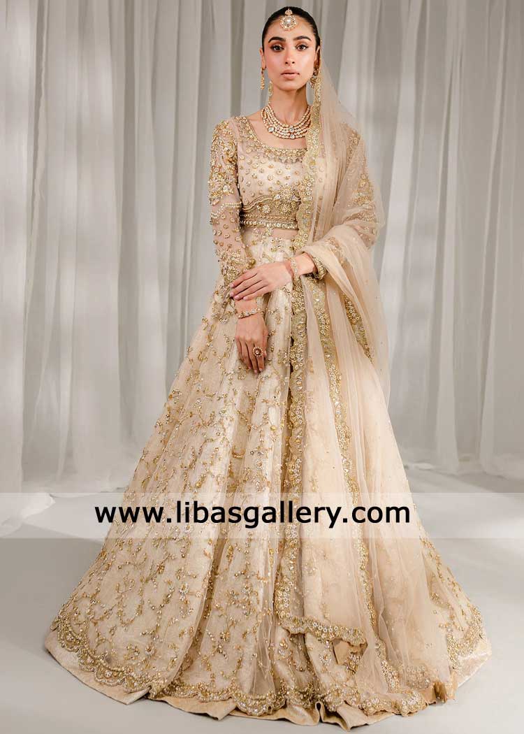 Heritage Ivory Bridal Peshwas with Hand-Worked Banarsi Lehenga- Wedding Gown and lehenga with Floral Gold hand embellishment