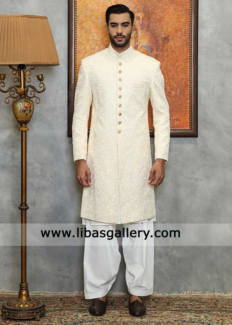 Ivory Embroidered Raw Silk Wedding Sherwani for Groom- London UK Ivory Embroidered Raw Silk Wedding Sherwani for Groom- London UK