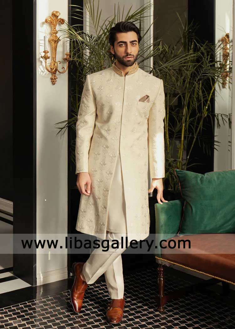 Ivory Raw Silk Embroidered Wedding Sherwani for Groom with Kora dabka gold hand work on collar paired inner suit Washington Denver Colorado USA
