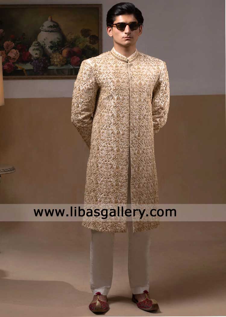 Ivory Sherwani in Maharaja Style with heavy gold hand embellishment dabka and coordinated inner Jacksonville Charlotte California USA