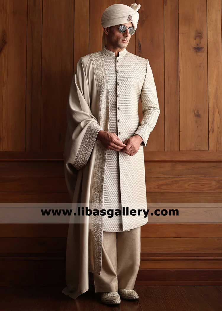 Groom wedding shawl in ivory shade with heavy and fancy thread embroidery on borders finished back Germany France Italy UK USA Dubai