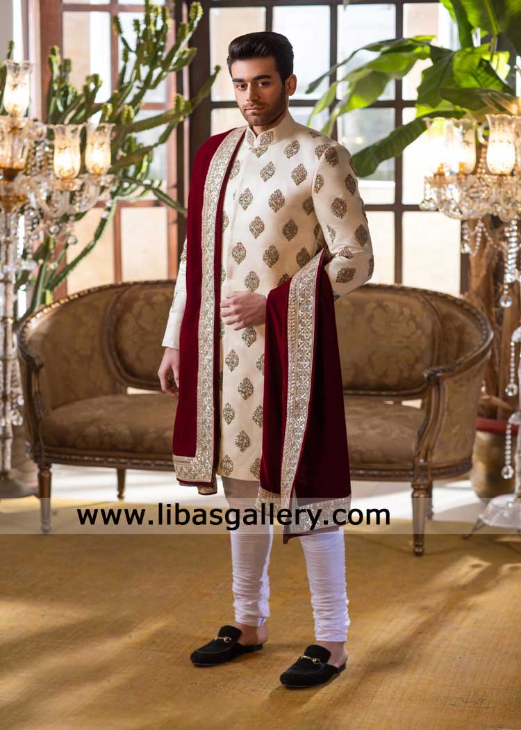 Ivory Raw Silk Hand Embroidered Groom Nikah Sherwani-Hand work motifs on ivory wedding sherwani UK USA Dubai Ivory Raw Silk Hand Embroidered Groom Nikah Sherwani-Hand work motifs on ivory wedding sherwani UK USA Dubai