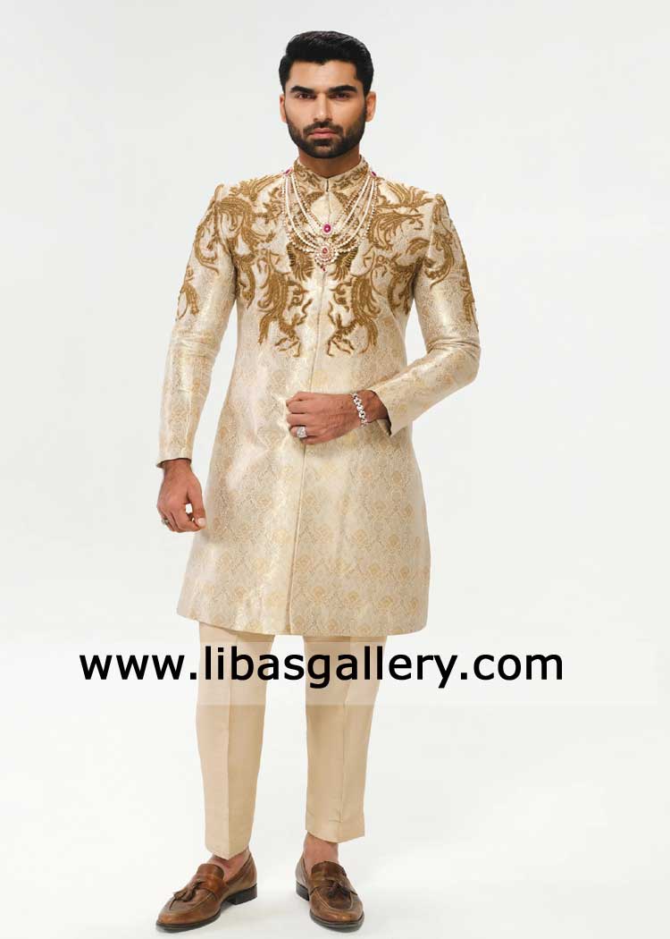 Regal Ivory Sherwani with Antique zardozi hand embellishment crafted from Raw Silk with timeless elegance kurta pants UK USA Canada Regal Ivory Sherwani with Antique zardozi hand embellishment crafted from Raw Silk with timeless elegance kurta pants UK USA Canada