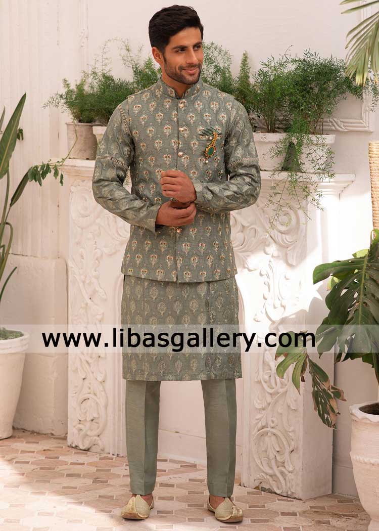 Jade Green embroidered waistcoat with matching embroidered kurta to pay regal tribute pants ideal for engagement UK USA Canada Dubai