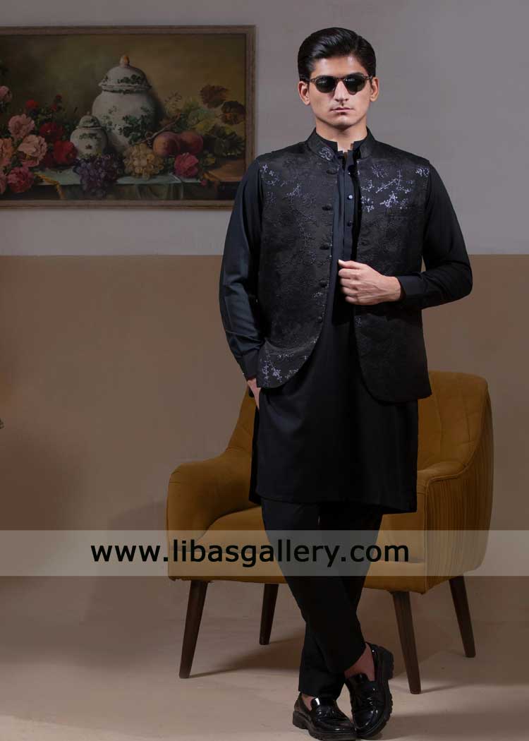 Jet Black Sequins Embroidered Luxury Groom Waistcoat | kurta Suit Jet Black Sequins Embroidered Luxury Groom Waistcoat | kurta Suit