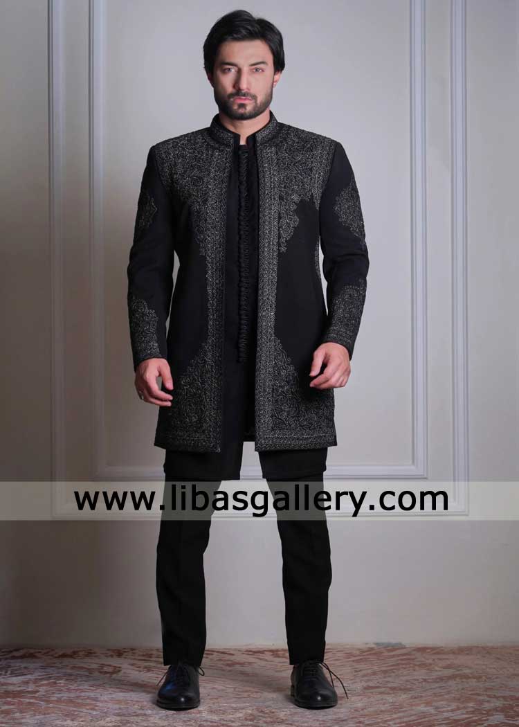 Shop Open Black Regal Groom Sherwani Detroit USA Nikah Sherwani Pakistani in Black sherwani premium suiting sherwani for wedding Shop Open Black Regal Groom Sherwani Detroit USA Nikah Sherwani Pakistani in Black sherwani premium suiting sherwani for wedding