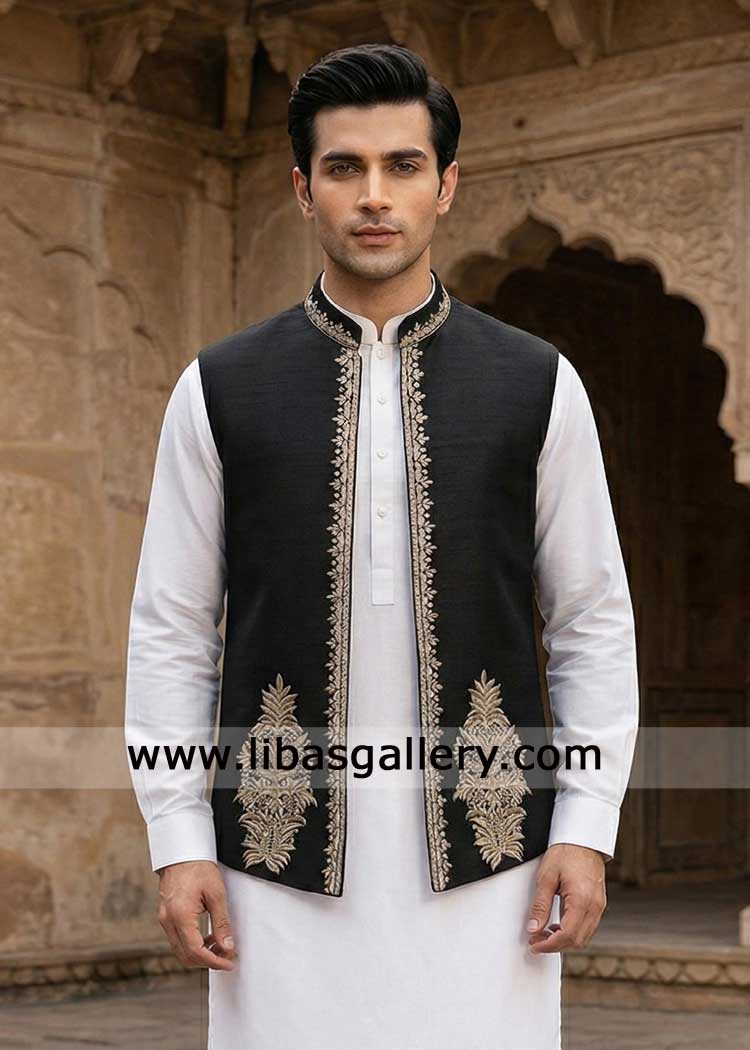 Jet black groom waistcoat crafted on premium fabric with gold embroidery on collar and front white inner Charlotte Indianapolis Seattle USA Jet black groom waistcoat crafted on premium fabric with gold embroidery on collar and front white inner Charlotte Indianapolis Seattle USA