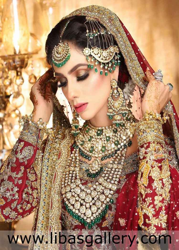 Green and Gold Bridal Jewellery set for barat nikah heavy type with hand kada tika rani haar necklace toronto mississauga canada