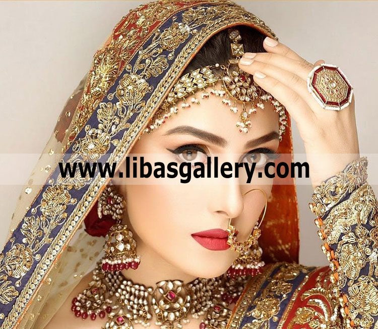 ayeza khan showing sophisticated heavy bridal designer jewellery set design including matha patti earrings big ring and necklace qatar kuwait saudi arabia