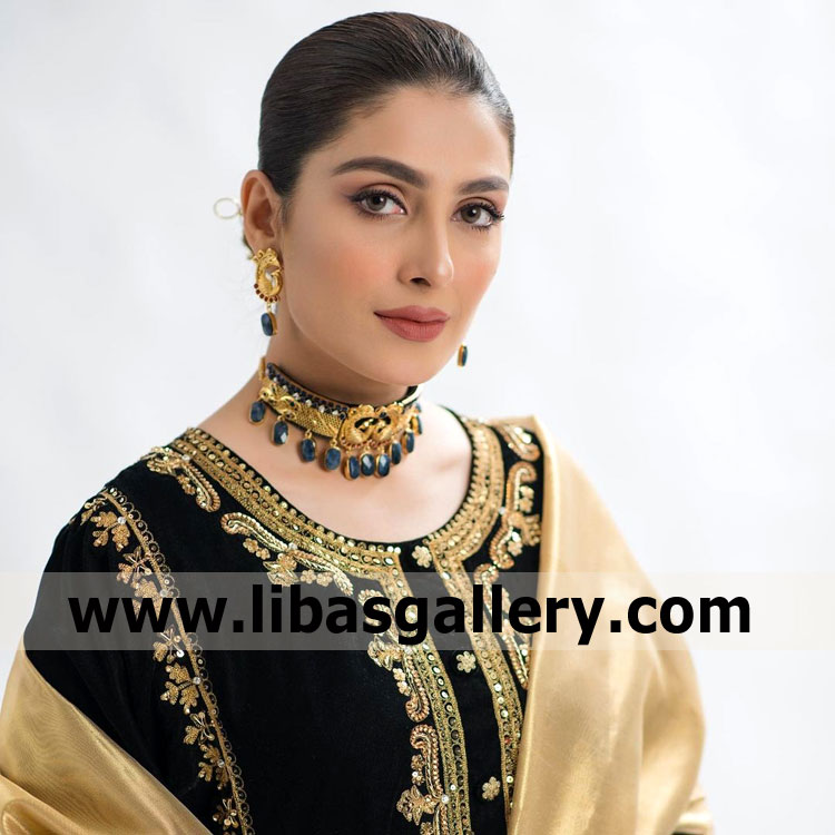 bright future ayeza khan producing bridal jewellery set gold plated necklace and earrings worldwide delivery by express courier uk usa canada