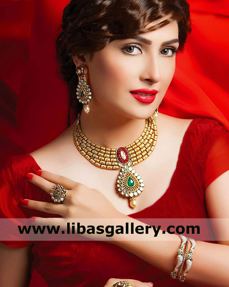 Ayeza khan Royal princess like face modeling for designer bridal jewellery design for barat walima gold plated necklace earrings florida texas usa