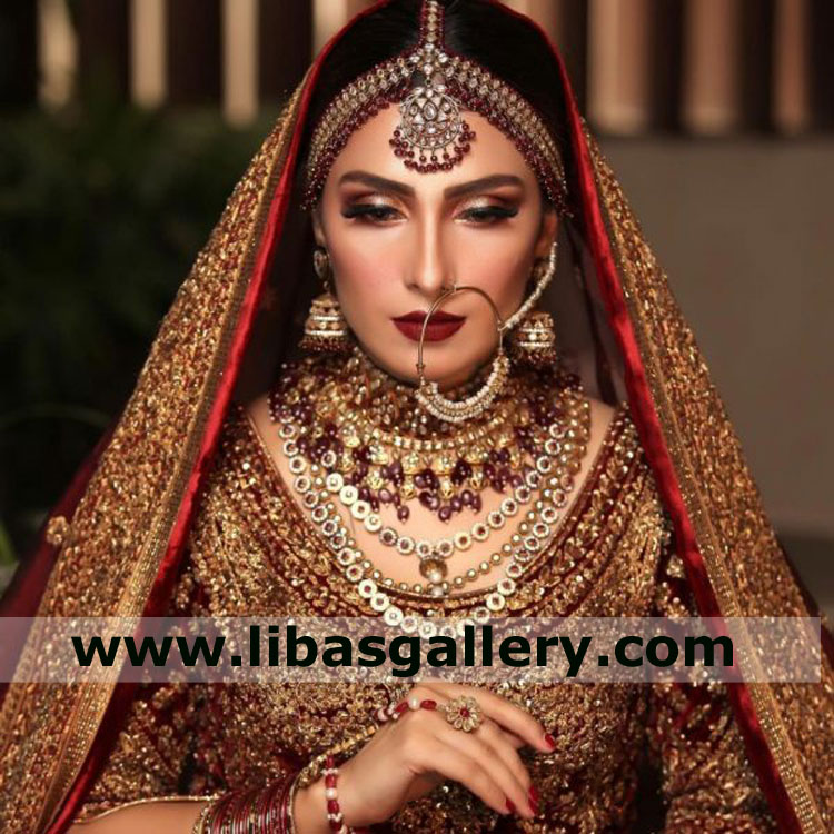 premium type bridal jewellery set ayeza khan stylish actress showing head pc nuth necklace earrings gold plated uk usa saudi arabia