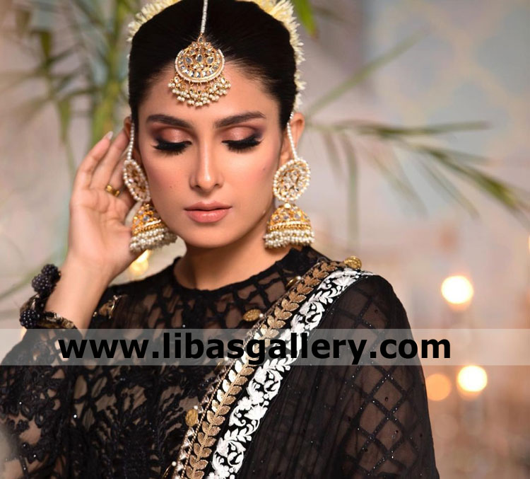 shy girl ayeza khan in serious mood wearing Pakistani designer earrings and Tika gold plated 925 sterling silver hand made sugarland texas florida usa