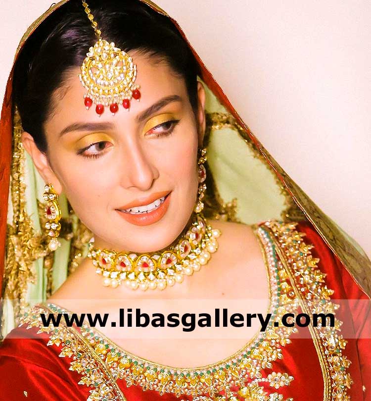 la moda flawless bridal jewellery set gold plated ayeza khan exhibiting necklace earrings tika cubic zircons stones pearls qatar germany uae