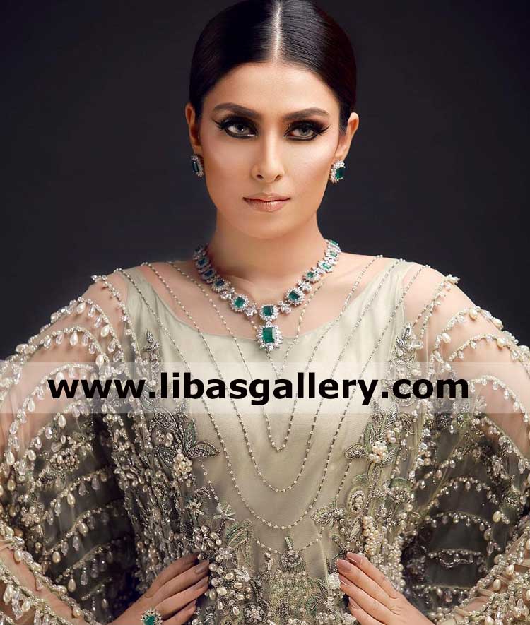 latest style emerald green party jewellery set for pretty bride ayeza khan advertising necklace and earrings silver metal saudi arabia qatar europe