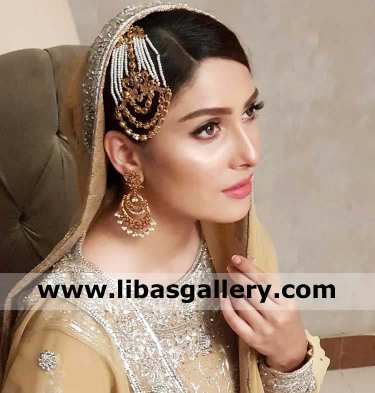ayeza khan wearing antique color bridal jewellery earrings and jhumer buy for your nikah rukhsati day made in 24 sterling silver metal uk usa canada 