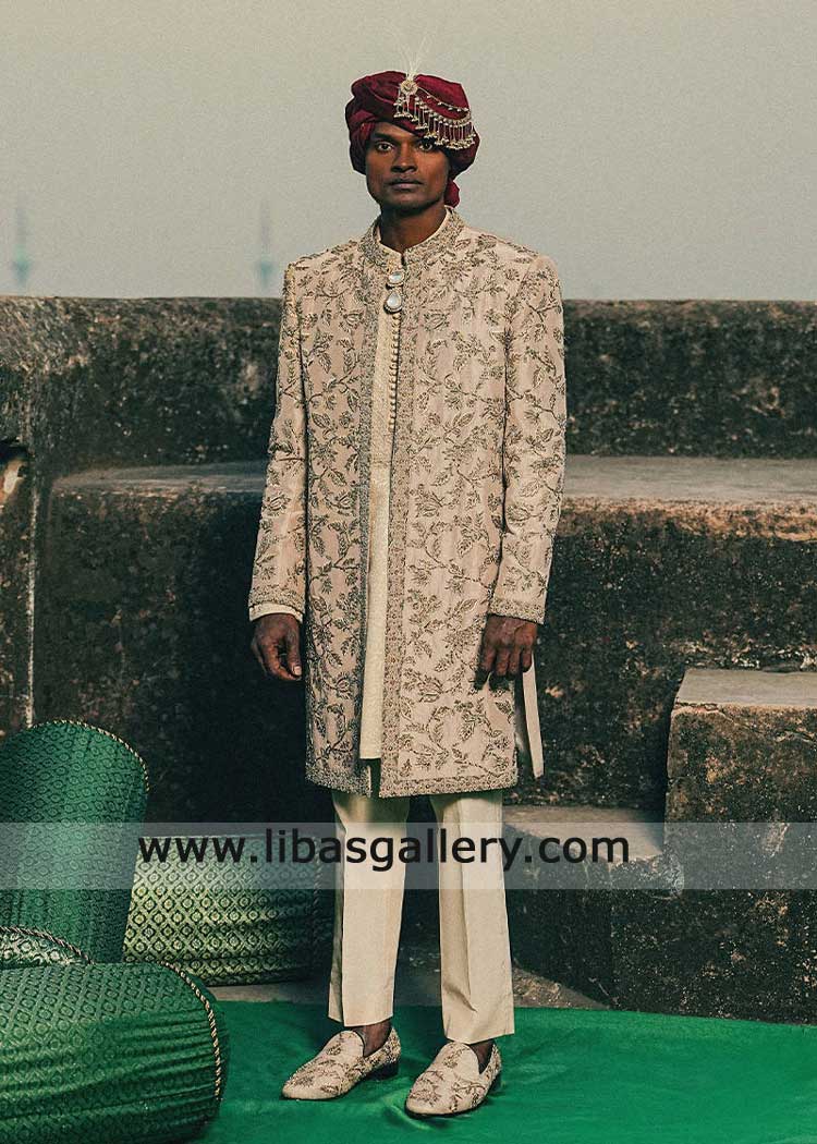 khaki groom embroidered sherwani london UK for Nikah Barat