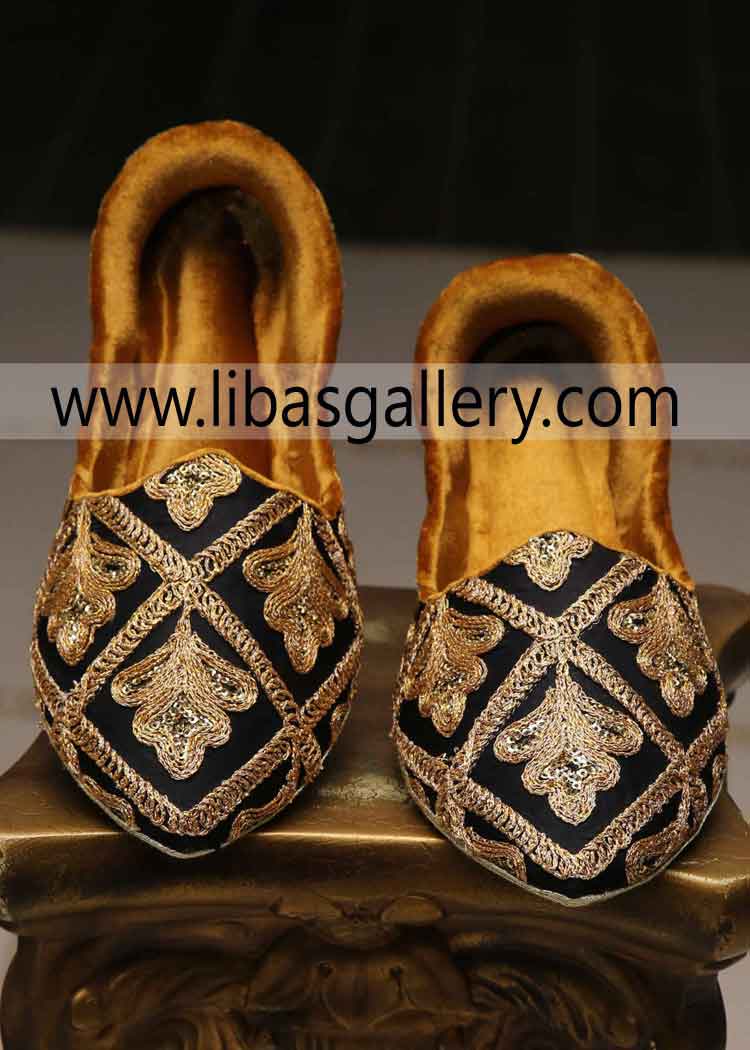 Black gold Heavy Embellished Groom Wedding Khussa for nikah Dori and dabka hand embellishment on Royal khussa for men Riyadh Jeddah Saudi Arabia