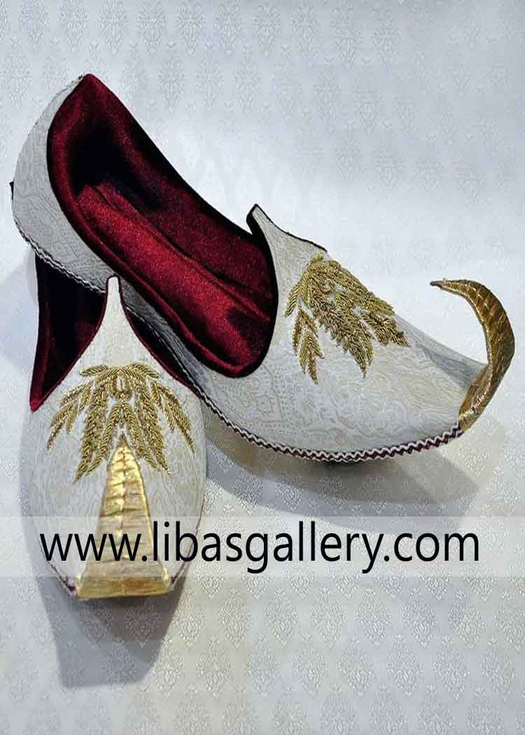 Off White Embellished Wedding Khussa made by Jamawar with dull gold kora dabka hand embellishment with bird beak Europe Asia South Africa