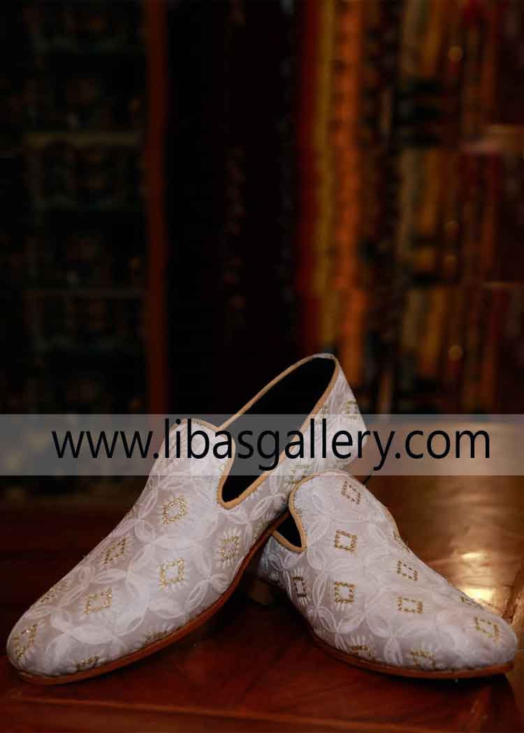Groom Comfortable Saleem Shahi Khussa for Wedding decorated all over by jamawar and golden stones embellishment latest marriage footwear Austria Italy Belgium