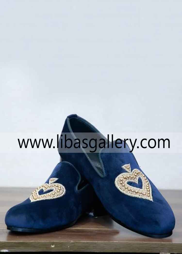 Men Blue Velvet Mughal Shoes for Wedding Event with Gold Pearl and Kora hand Embellishment Pan pattern Style Australia Azerbaijan Bahrain