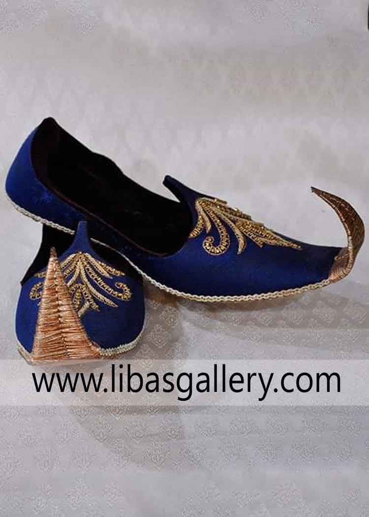 Men Royal Blue khussa with gold hand Embellishment by Tilla thread order Regal Saleem Shahj Jutti for Occasion Barnsley Barnstaple Barry UK
