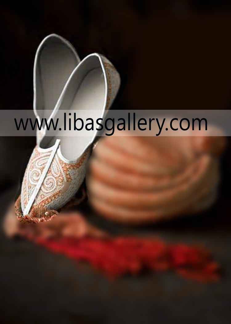 White Shoe shape groom wedding khussa style with sleek royal embroidery walk easy wedding footwear Newcastle upon Tyne Sutton UK