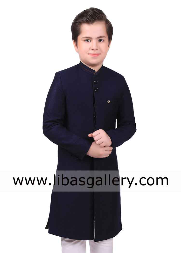 navy blue embroidered sherwani for cute kids embroidery on collar and front pocket uk usa canada