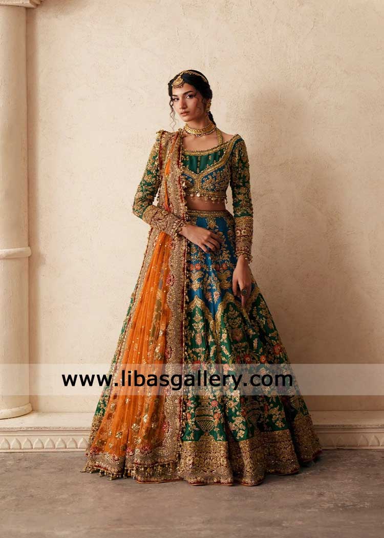 lehenga choli with gold hans work and tangerine dupatta for wedding,