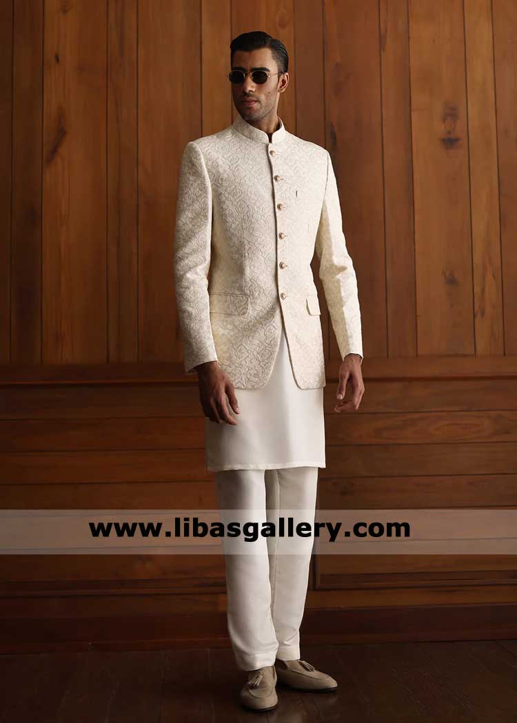 prince coat light beige self embroidered for groom nikah special day paired with inner shirt and pants Brampton Mississauga Toronto Canada